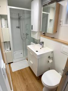 La salle de bains est pourvue de toilettes, d'une douche et d'un lavabo. dans l'établissement BellaVista HouseBoat Apartment Portorose, à Portorož