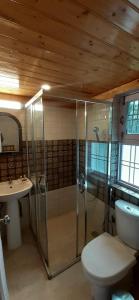 une salle de bains avec douche, toilettes et lavabo dans l'établissement Four Banyans Spirit & Nature Resort, à Rāipur