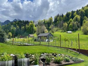 a garden in a field with a fence at Appartement Mona in Bürserberg