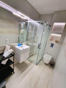 ein Badezimmer mit Dusche, Waschbecken und Toilette in der Unterkunft Baltic Soul Villa Międzyzdroje in Misdroy + 48 Fotos