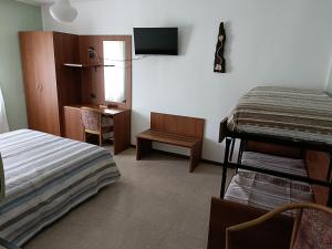 1 dormitorio con 1 cama y escritorio con TV en La Maison, en Aymavilles