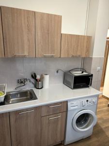 eine Küche mit einer Spüle und einer Waschmaschine in der Unterkunft Nowy Apartament z jacuzzi w Bielsku-Białej in Bielsko-Biała