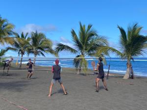 Un groupe de gens jouant au frisbee sur la plage dans l'établissement La kaze manguiers, à L'Étang-Salé