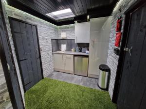 a small kitchen with a door and a green rug at Glamping Boutique Domes in Articlave