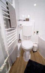Tekla apartman في غيولا: حمام ابيض مع مرحاض ومغسلة