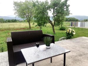 Donji ProložacにあるHoliday home Filip i Petraのテーブル、ソファ(ワイン付)