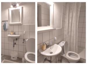2 fotos de un baño con aseo y lavabo en Apartman Kameni zid, en Jelsa