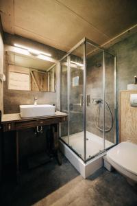 a bathroom with a glass shower and a sink at Ábrahám Cabin House in Ábrahámhegy