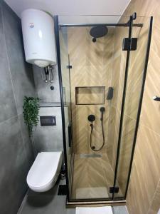 a bathroom with a shower with a toilet and a sink at 4 Rooms Apartments in Niš