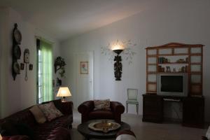 sala de estar con sofá y TV en Apartamentos La Casa Pintada, en Cáceres