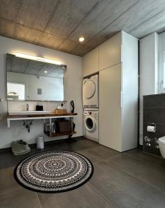 a bathroom with a sink and a washing machine at Moderne Ferienwohnung Rhenum mit Wallbox in Waldshut-Tiengen
