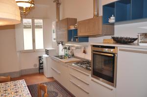 a kitchen with blue cabinets and a stove top oven at Le sale di Mozart in Florence