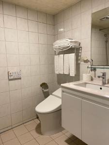 a white bathroom with a toilet and a sink at Dahshin Hotel in Taipei