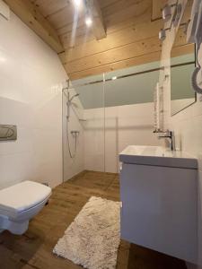 łazienka z toaletą i umywalką w obiekcie Smerek 119- Baza Przy Szlaku w Smereku