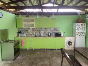 a kitchen with green cabinets and a washer and dryer at Изабелла in Pizunda