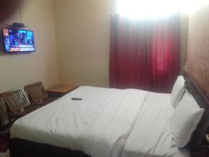 a bedroom with a bed with a red curtain and a tv at Hotel Diamond palace 45C in Chandīgarh