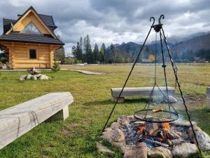 un foyer extérieur en face d'une cabane en rondins dans l'établissement Chałupy Góralskie, à Witów