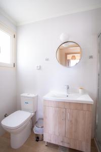 ein Badezimmer mit einem WC, einem Waschbecken und einem Spiegel in der Unterkunft Oikia Demetria Lefkas in Nydri