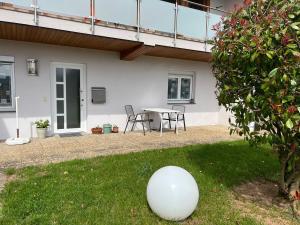 a white ball sitting on the grass in front of a house at Kleine Wohnung mit schönem Blick in die Schweiz - Grenznah in Murg