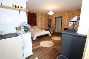 Zimmer mit einem Schlafzimmer mit einem Bett und einer Küche in der Unterkunft Charmant studio avec jardin à la campagne sur le chemin de Saint Jacques de Compostelle in Lauzerte