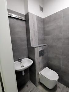 La salle de bains est pourvue de toilettes et d'un lavabo. dans l'établissement Opaa Motel, à Poniatowa