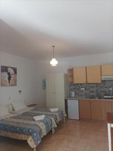 Habitación de hotel con 2 camas y cocina en Syraino en Kolios