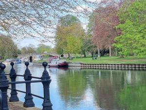 a view of a river with a boat in a park at Hive Mews in Abingdon