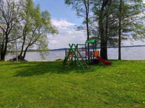 a playground in the grass next to a body of water at Domek na Mazurach w otulinie leśnej "Leśne zacisze" in Wydminy