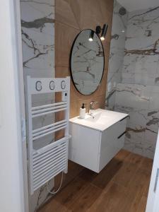 y baño con lavabo blanco y espejo. en La Villa Bompard 48M2 Cœur de ville avec terrasse en Rodez