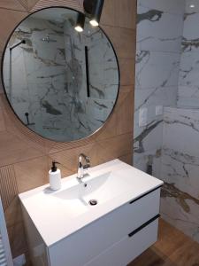 La salle de bains est pourvue d'un lavabo blanc et d'un miroir. dans l'établissement La Villa Bompard 48M2 Cœur de ville avec terrasse, à Rodez