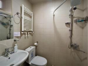 a bathroom with a toilet and a sink and a shower at GuestHouse LILIA &Wine Celler in Tʼelavi