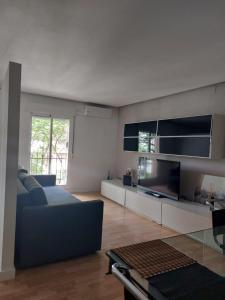 Loft luminoso y céntrico في سرقسطة: غرفة معيشة مع أريكة وتلفزيون بشاشة مسطحة