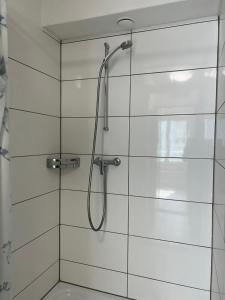 een douche met een douchekop in de badkamer bij Blick auf Schwarzen Turm - Freihofapartments in Brugg