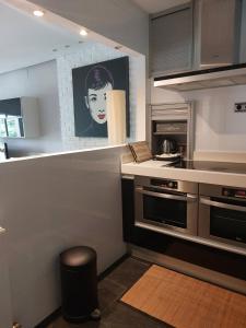 a kitchen with a counter with a picture of a woman at Loft luminoso y céntrico in Zaragoza