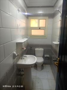 a white bathroom with a toilet and a sink at Aswan Nile view palace in Naj‘ al ‘Amrāb