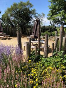 a picnic table with umbrellas in a field of flowers at ´t Wapen van Marion in Oostvoorne