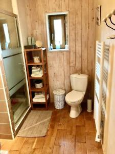a bathroom with a toilet and a glass shower at « Le Vieux Hangar » gîte à la ferme in Le Buisson de Cadouin