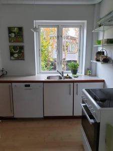 a kitchen with a sink and a window at Charmerende lejlighed i Viby in Viby