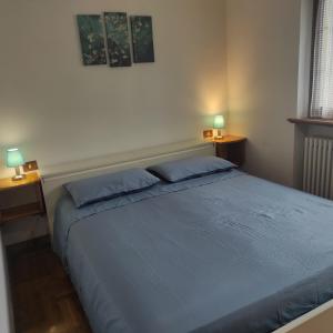 1 dormitorio con 1 cama grande con almohadas azules en Casa San Valentino Dolomiti Val di Zoldo en Val di Zoldo