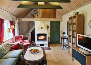 ein Wohnzimmer mit einem Sofa und einem Kamin in der Unterkunft Lovely summer house in Österlen with jacuzzi in Löderup
