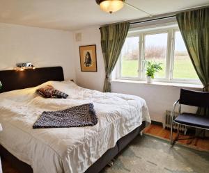 Schlafzimmer mit einem Bett, einem Stuhl und Fenstern in der Unterkunft Lovely summer house in Österlen with jacuzzi in Löderup