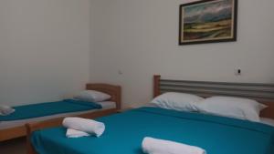2 łóżka w pokoju z niebieską pościelą i białymi poduszkami w obiekcie Lustica-Apartment Dora3 w mieście Herceg Novi