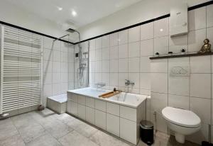 a white bathroom with a toilet and a sink at VonMos City Apartments in Traben-Trarbach +52 photos