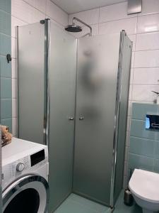 eine Dusche im Bad mit einer Waschmaschine in der Unterkunft Rotušės apartamentai Kretingoje in Kretinga