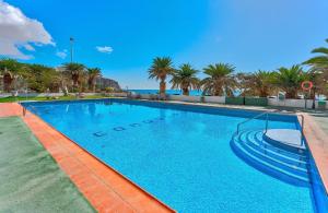 a large swimming pool with palm trees and the ocean at STUNNING HOLIDAYS, Large Terrace On The Sea in El Guincho