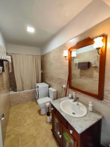 ein Badezimmer mit einem Waschbecken, einem WC und einem Spiegel in der Unterkunft Casa Kores in Icod de los Vinos