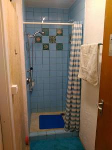 La salle de bains est pourvue de carrelage bleu et d'une douche. dans l'établissement Sea-Boat Room - Enjoy with or without friend, à Evilard
