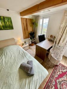 a bedroom with a bed and a hammock and a desk at Private Room in an old Farmhouse near Vaduz in Sevelen