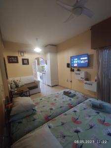 1 dormitorio con 2 camas y TV de pantalla plana en Elena Apartmen en Lárnaca