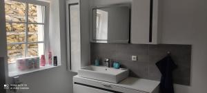 a bathroom with a white sink and a mirror at Ferienwohnung Firmenmietwohnung Jurastein in Deining